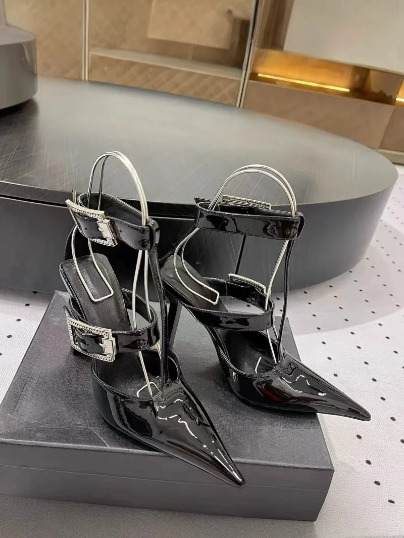 

Pointed Stiletto High Heels Belt Buckle Personalized Roman Sandals Black Patent Leather Banquet Pumps Women Shoes Sandalias