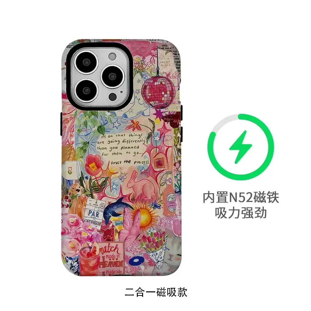 

Pink Animal Illustration Case for IPHONE 17Air 16ProMax 15 Plus 14 13 12 Mini 11 PRO Acrylic TPU Two in One Magnetic Phone Cases
