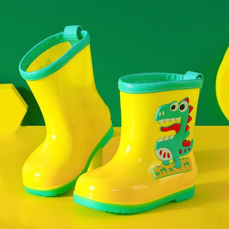 Children Rain Boots Solid EVA Non-slip Outdoor Cartoon Dinosaur Rain Boot Removable Drawstring Gaiter Waterproof Rain Boot 3-13Y