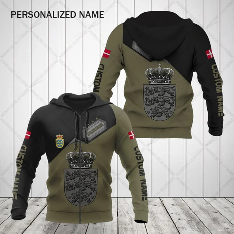 Custom Name Denmark Map Olive Zipper Hoodies Loose Unisex Oversize Sweatshirts Winter Casual Streetwear Tops Pullover