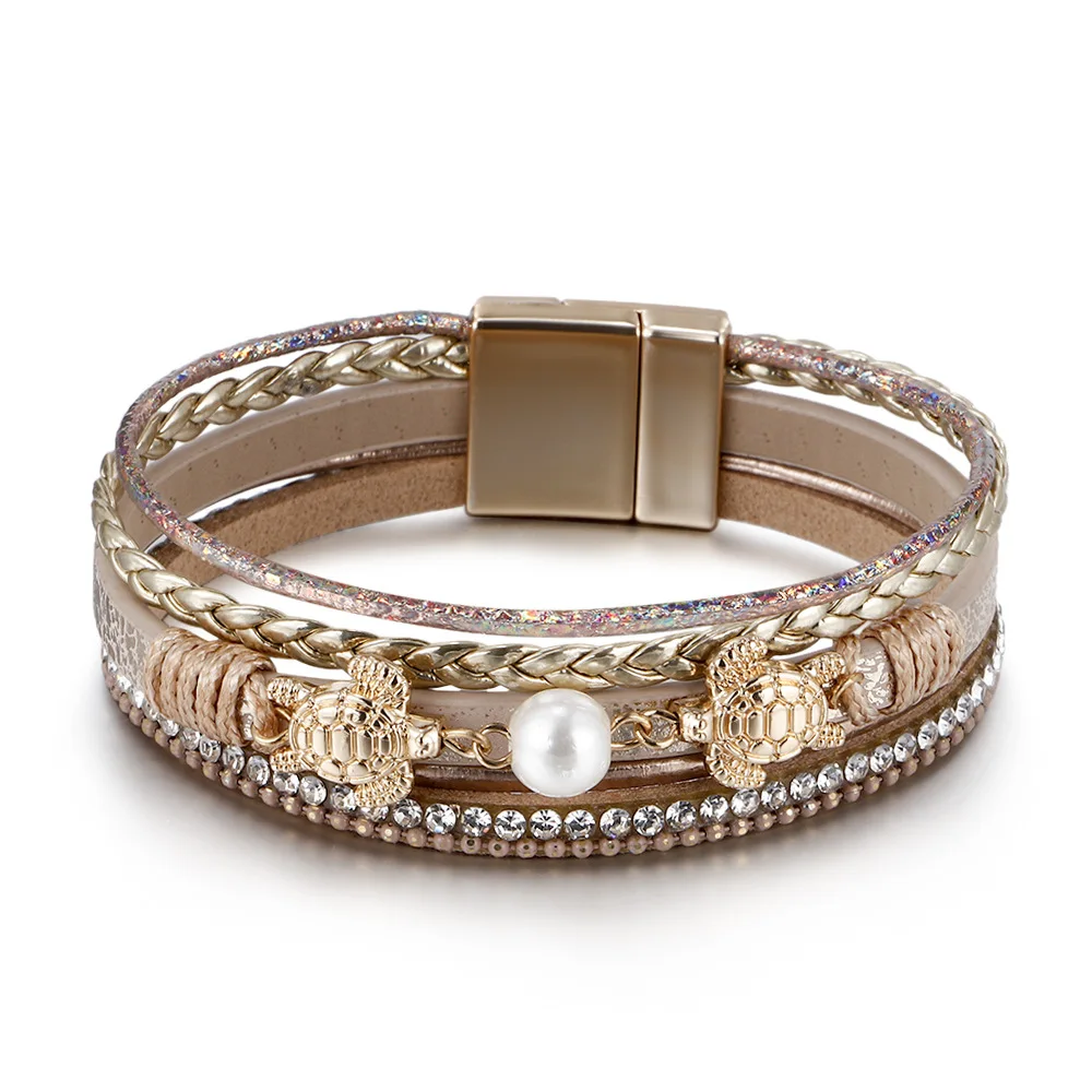 Bohemian Ethnic style pearl sea turtle Chic Western Jewelry Chunky Rhinestone Chain Multilayer Wrap Wide Bracelets Party Jewelry