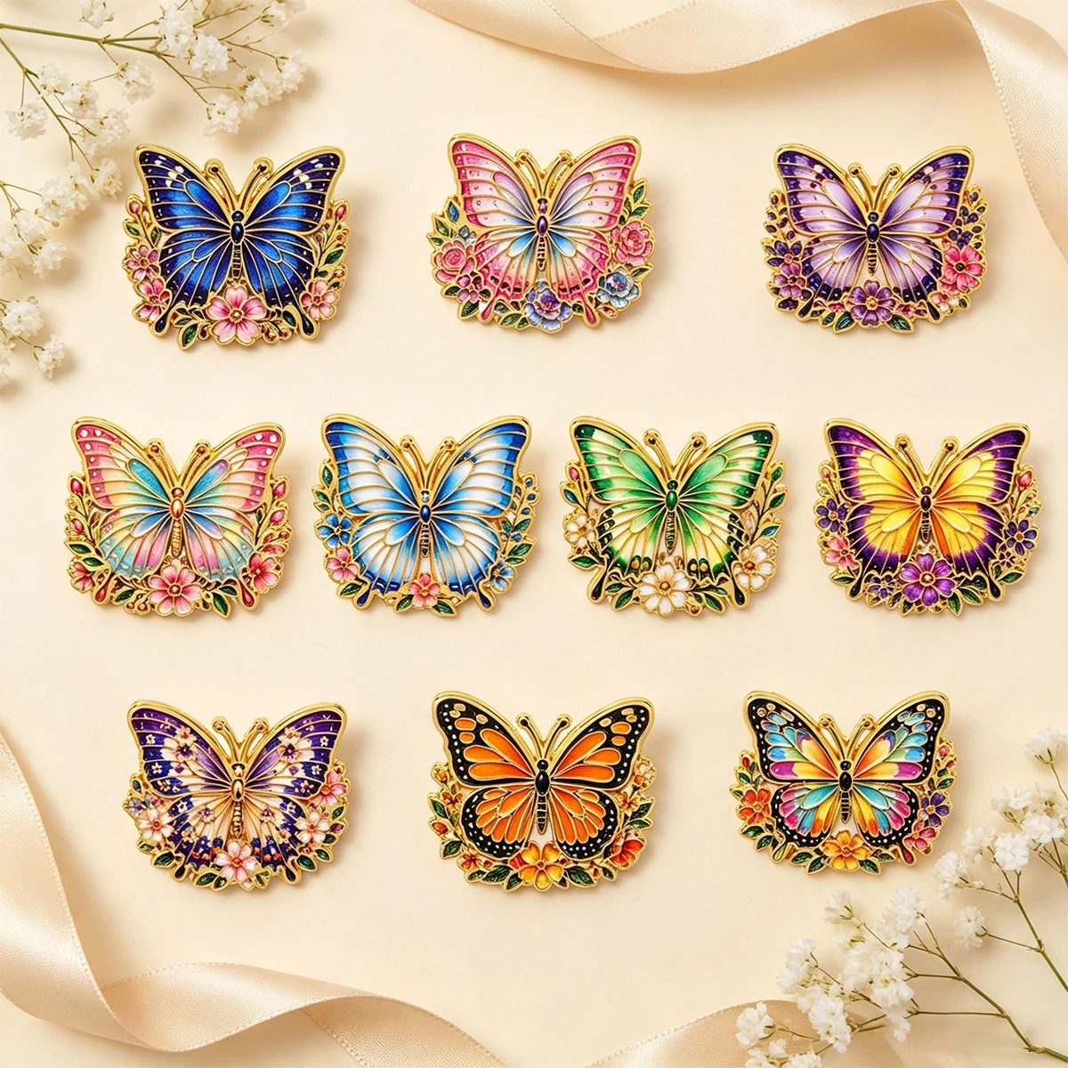 10 Stück/Set Vintage Blumen-Schmetterling Emaille-Pin Lebendige Schöne Insekten-Brosche für Rucksack, Hut, Abzeichen, Schmuck, Geschenk für Freunde – Detail 3