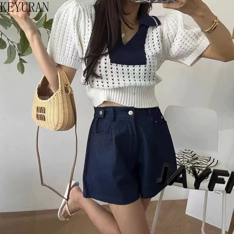 2024 New Summer Korean Chic Short Sleeve Hollow Out Sweater Pullover Fashion Casual Contrast Color Laple Knitted Tops Y2K Jumper