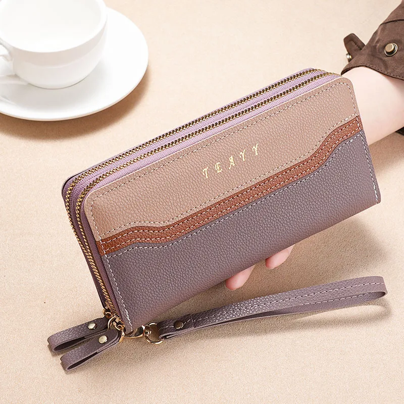 Women PU Leather Long Wallet Ladies Double Zipper Clutch Purse with Wrist Strap Color Block Card Holder Phone Pocket Money Bag