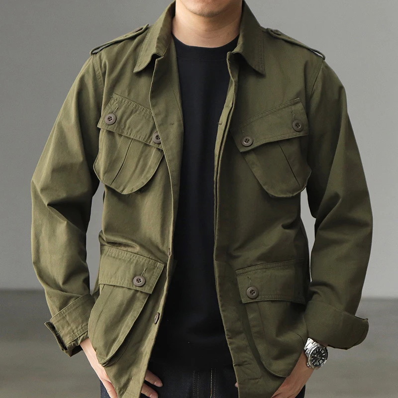 Amekaji Vintage M43 Field Jacket Men Army Green Lapel Multi-pocket