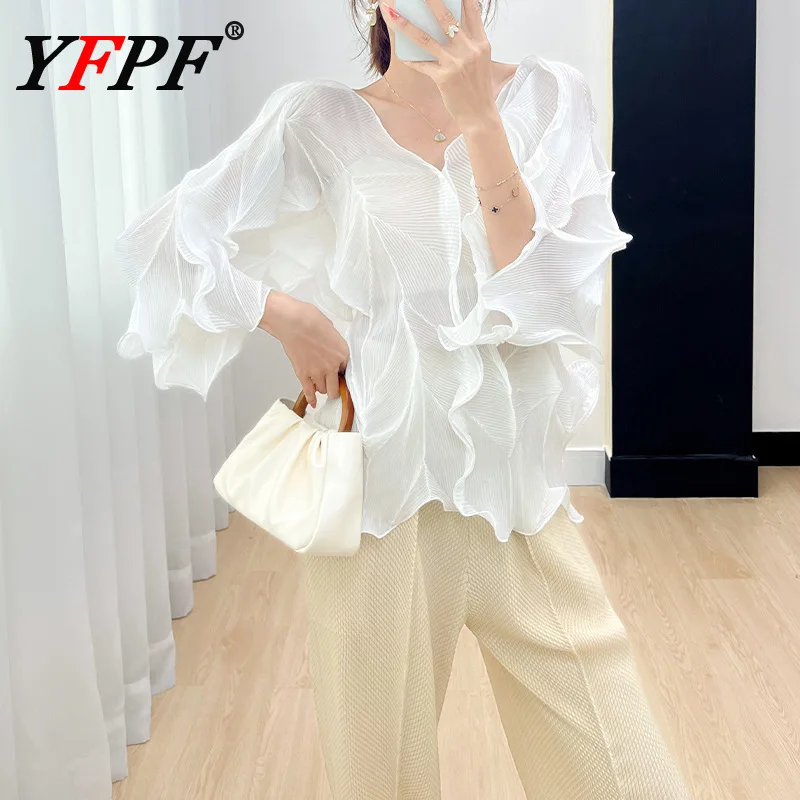 

YFPF Summer Women Blouse Tops Miyake Pleated Irregular Design Solid Color Pullover Shirt Fashion 2025 Female New Clothing