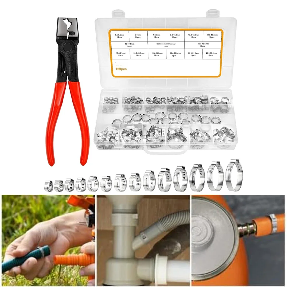 Stainless Steel Single Ear Hose Clamps 160 Piece Kit with Pliers for Securing Hoses in Industrial Applications