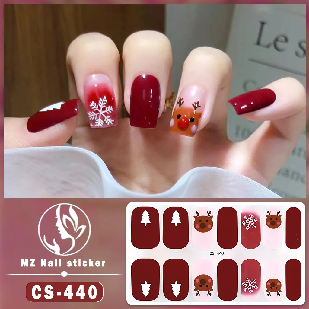 14tips Red Snowflake Winter Christmas Nail Stickers Elk Star Heart Sparkly Manicure Nail Polish Strip Wraps Nail Art Decorations