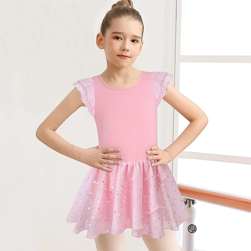 Girls Shiny Ruffle Sleeve Ballet Leotard Toddler Crisscross Back shiny Dance Dress Suitable for children stage performances