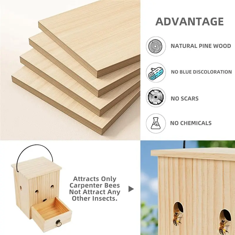 Carpenter Bee Traps For Outside,Durable Weather-Resistant Eco-Friendly Wooden Wasp Trap For Outdoor Use-[A22I Store]