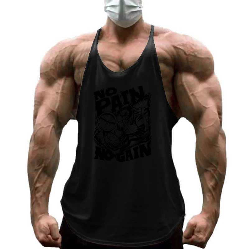 NO PAIN NO GAIN Print Gym Fitness T-Shirt Mens Bodybuilding Sport Sleeveless Vests Cotton Breathable Y-back Suspenders Tank Tops