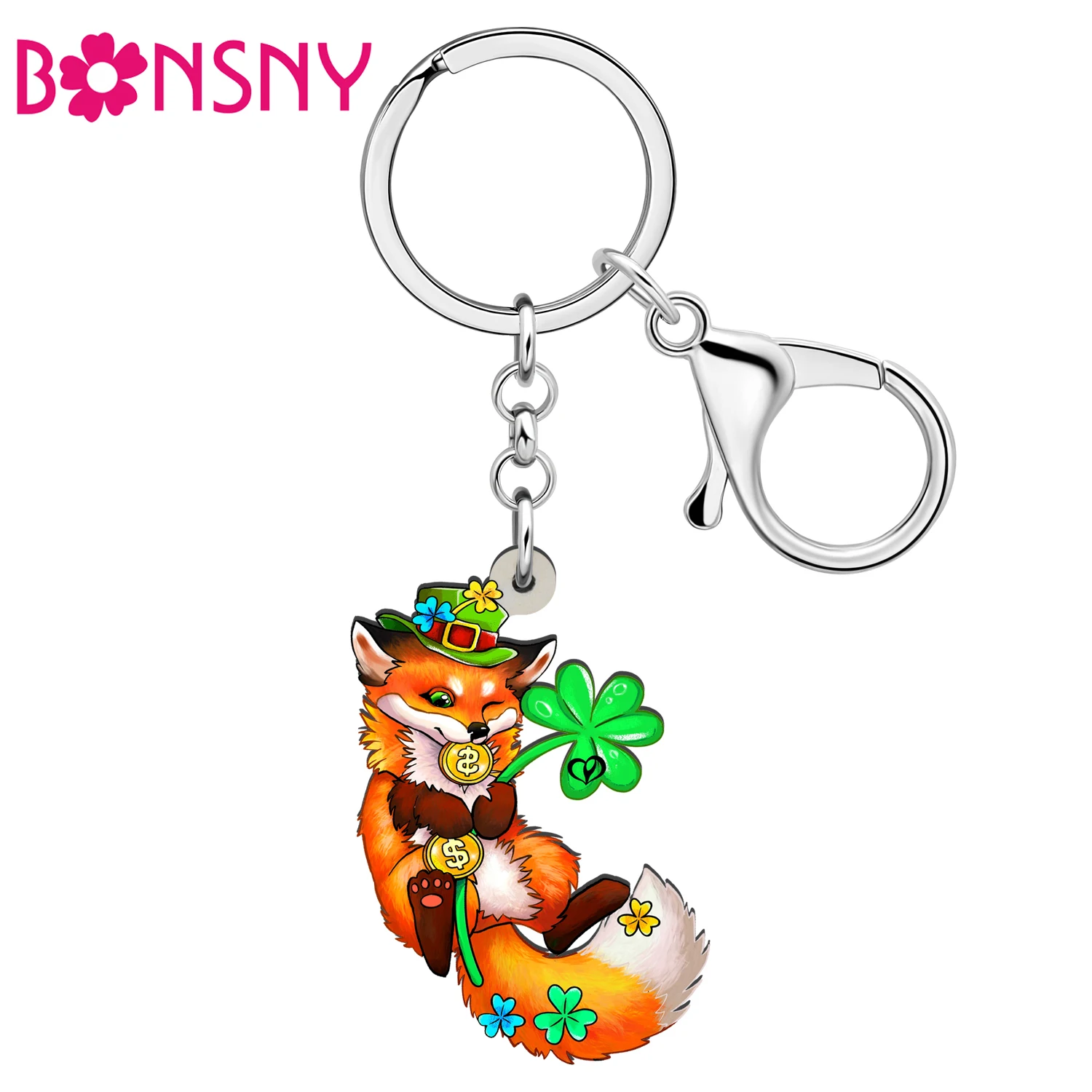 Bonsny Acrylic St Patricks Day Green Flower Fox Keychain Animal Jewelry Decoration Key Chains Keyring For Girls Gift Accessories