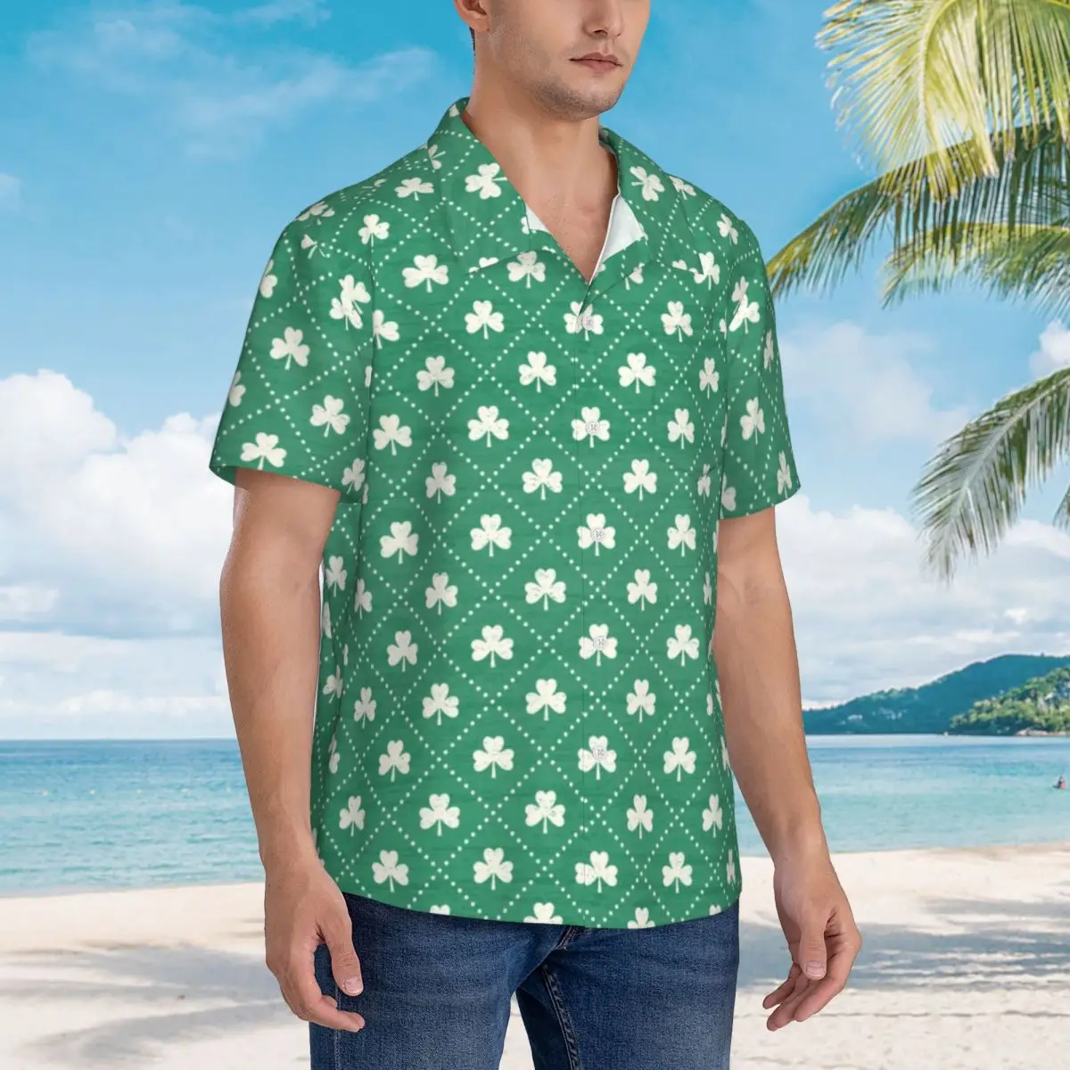 St Patricks Day Beach Shirt Shamrock On Emerald Summer Casual Shirts Man Retro Blouses Short-Sleeved Y2K Street Custom Clothing