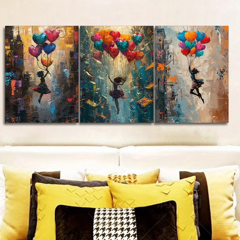 Framed Canvas Wall Art Painting 30x40cm (11.81x15.74inch)x3pcs girl is flying on colorful balloons for Home, Living Room, Coffee