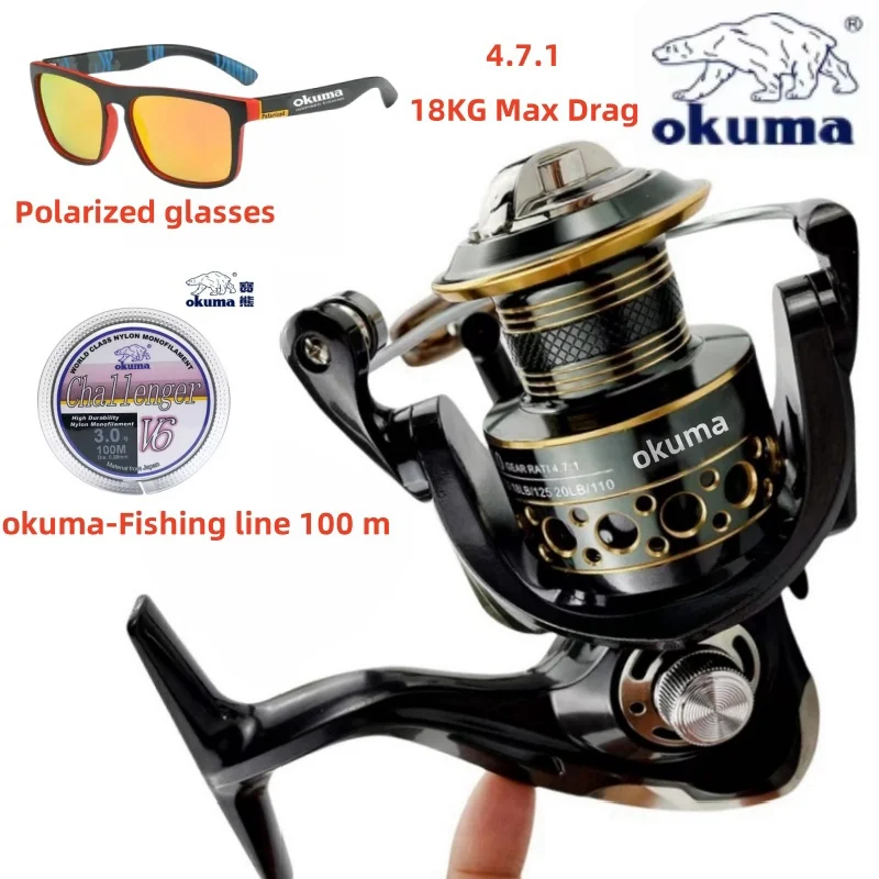 Okuma 스피닝 릴, 초경량 낚시 릴, 낚시 도구, 2000-7000 속도 비율 4:7:1, 최대 제동력 18kg 