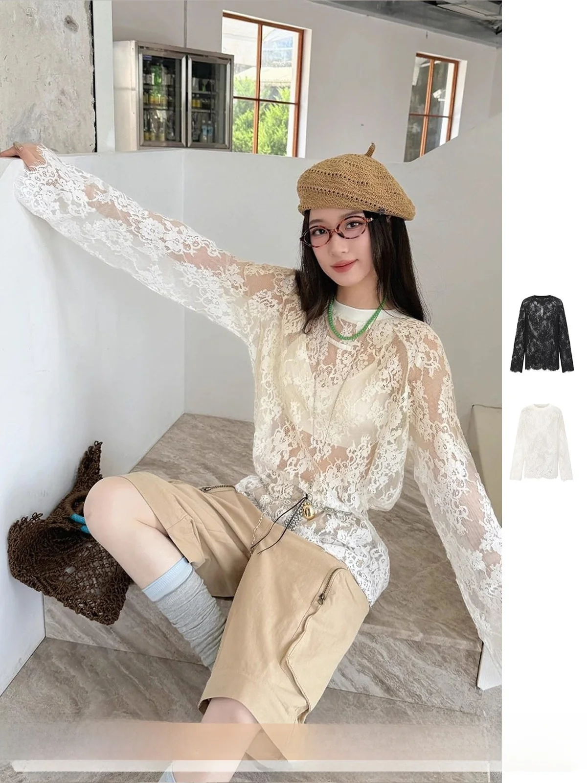 

Новая футболка SENSEAWEEK с кружевными вставками и длинным рукавом DEARSOCUTE, свободного кроя, однотонная, для повседневной носки