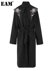 [EAM] Black Embroidery Big Size Long Woolen Coat New Stand Collar Long Sleeve Women Jacket Fashion Autumn Winter 2024 CPG1080