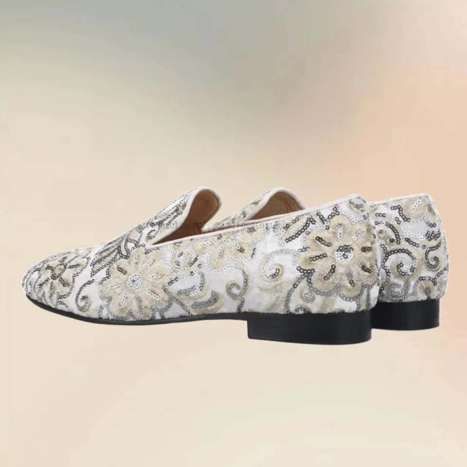 White Paisley Pattern Handmade Beads Loafers Fashion Comfortable Slip On Men Shoes Novel Luxury Runway Party Wedding Men Shoes