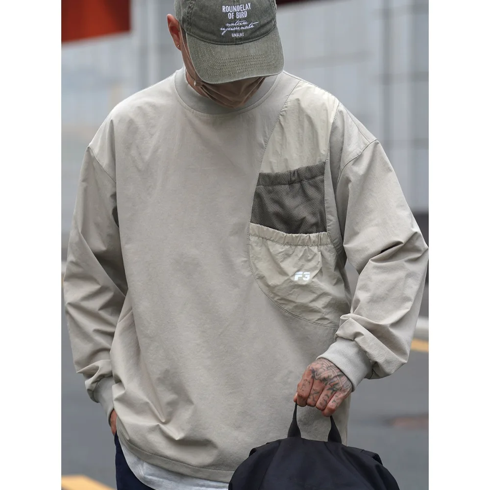 Outdoor Functional Quick Drying Pocket Round Neck Retro Japanese Cityboy Casual Men's Loose Long
