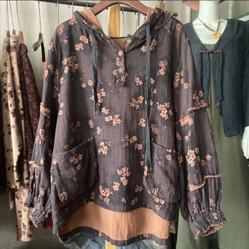 2025 جديد وصول ربيع الخريف المرأة عادية نوعية جيدة القطن الكتان هوديي البلوفرات كل مباراة خمر الأزهار البلوز T429 #1