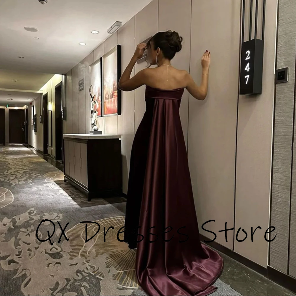 Customized Simple Strapless A-line Brown Formal Evening Dresses Sweep Train Sleeveless Ankle Length Pageant Party Prom Gowns