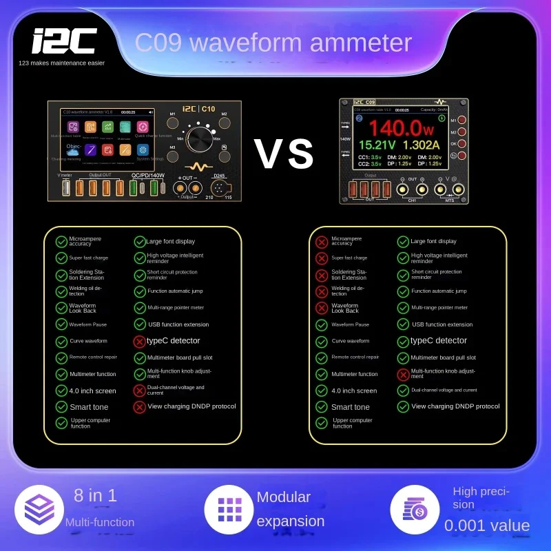 فريد I2C C09 الموجي الحالي متر 0.001 فولت/A LCD الدقة المتعدد للهاتف المحمول الجهد شحن سريع إصلاح قناة مزدوجة #4