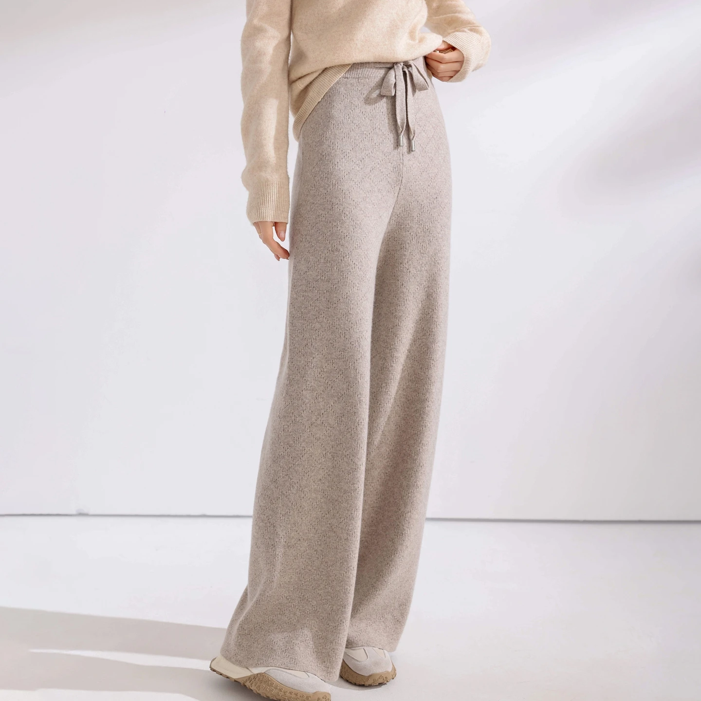 100% Merino wool pants women's casual wide-leg pants in autumn and winter straight pants knitted cashmere lace-up fashion pants
