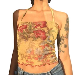 Y2K Mesh Sheer Floral T-shirt Vintage halter Tops Women Sleeveless Slim Fit Crop Top Harajuku Streetwear