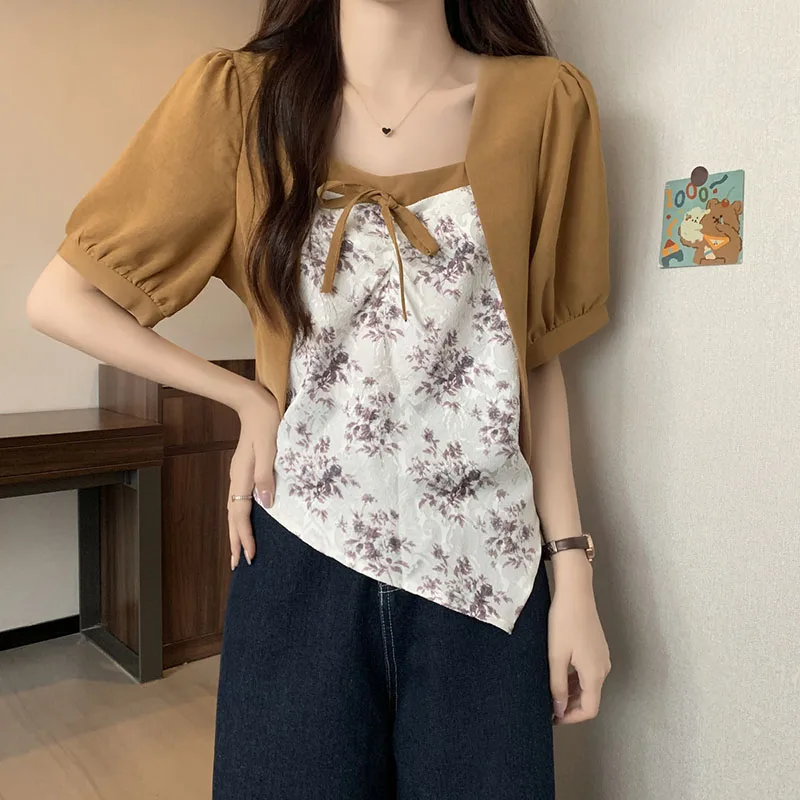 

Fashion Printed Spliced Bow Irregular Floral Puff Sleeve Blouse Women's Clothing 2023 Summer New Casual Tops Asymmetrical Shirt