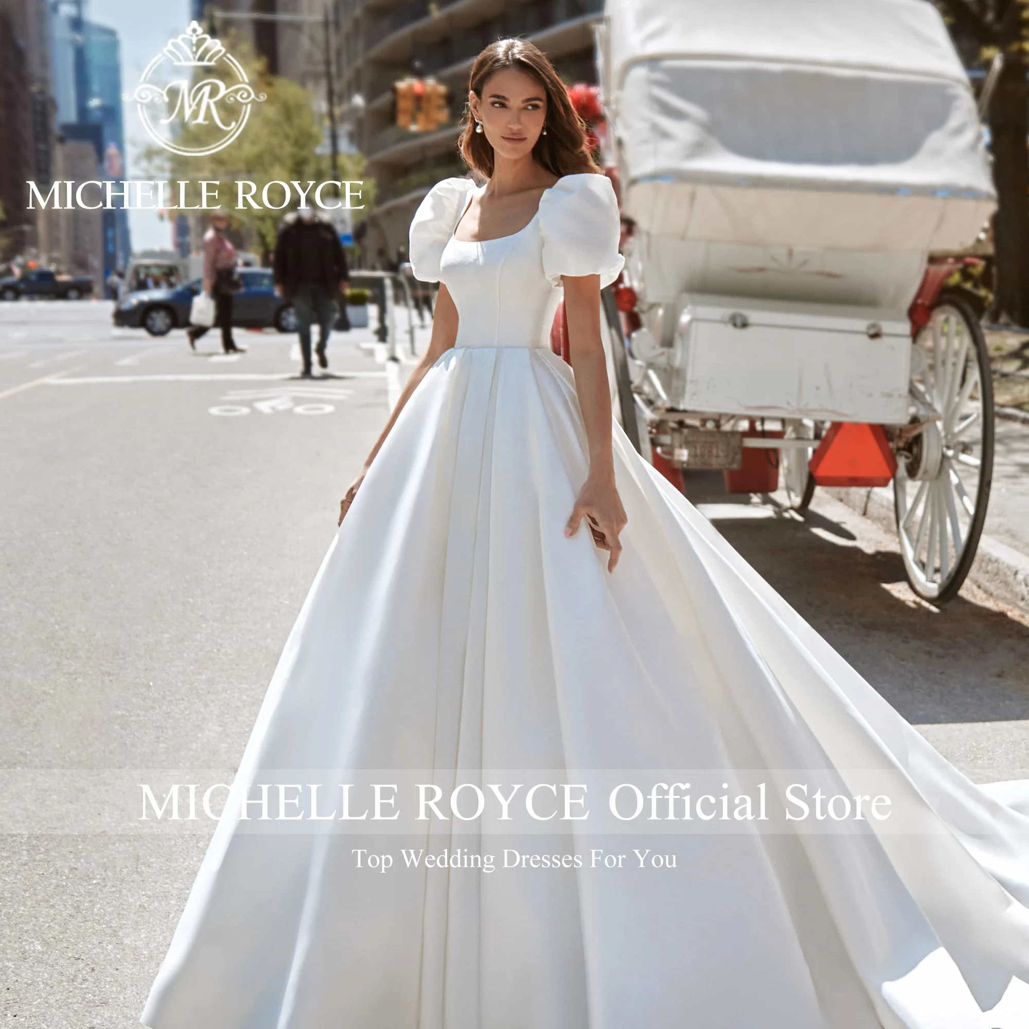 

Michelle Royce Puff Sleeve Ball Gown Wedding Dress Elegant Square Collar Court Train Classy Satin Wedding Gown Vestidos De Novia