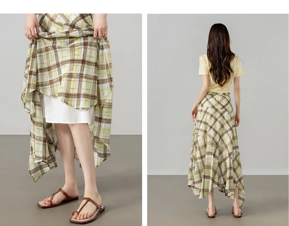 SENTUBILA Damen Sommer Karierter Rock 2026 Neuer Unregelmäßiger Gelber Langer Meerjungfrauenrock Damenkleidung Alltagsoutfit 162QK7007 – Detail 25