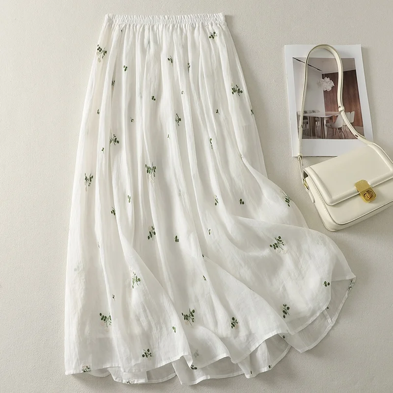 

Cotton Linen Embroidered Floral Halter Skirt plus Size Women's New Summer Artistic Retro Versatile A-Line Skirt