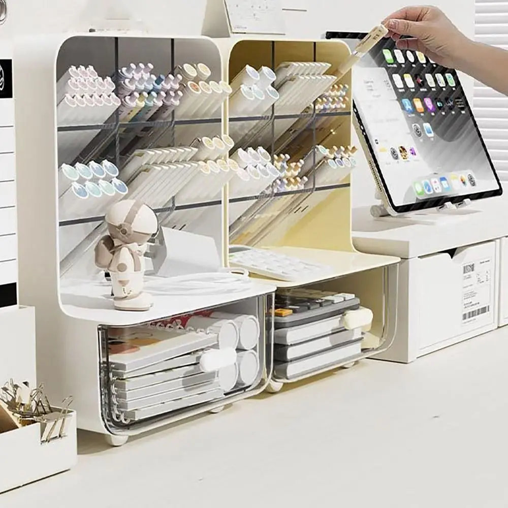 서랍이 있는 플라스틱 경사 펜꽂이, 대용량 경사 데스크탑 보관함, 내구성 방진 데스크탑 잡화 보관 랙