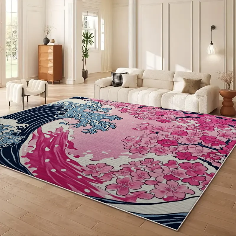 Japanese Cherry Blossom Wave Large Sofa Carpet Easy Cleaning Maintenance Anti-Slip Floor Mat for Living Room Home Decor