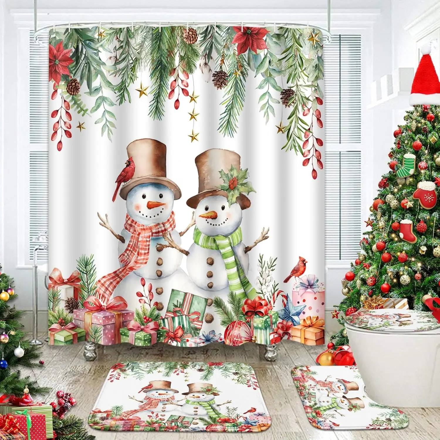 

4pc Christmas Snowman Bathroom Set Curtain and Rug and Accessories, Eucalyptus Leaves Xmas Shower Curtain Set for Bathroom Decor