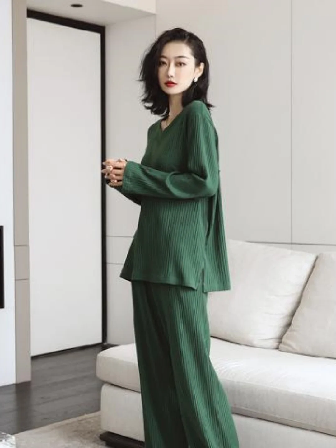 

plus Size Comfortable Pure Color Sleepwear Set Loose Long Sleeve Pants Home Clothes Set for Women Casual Style Autumn Wear