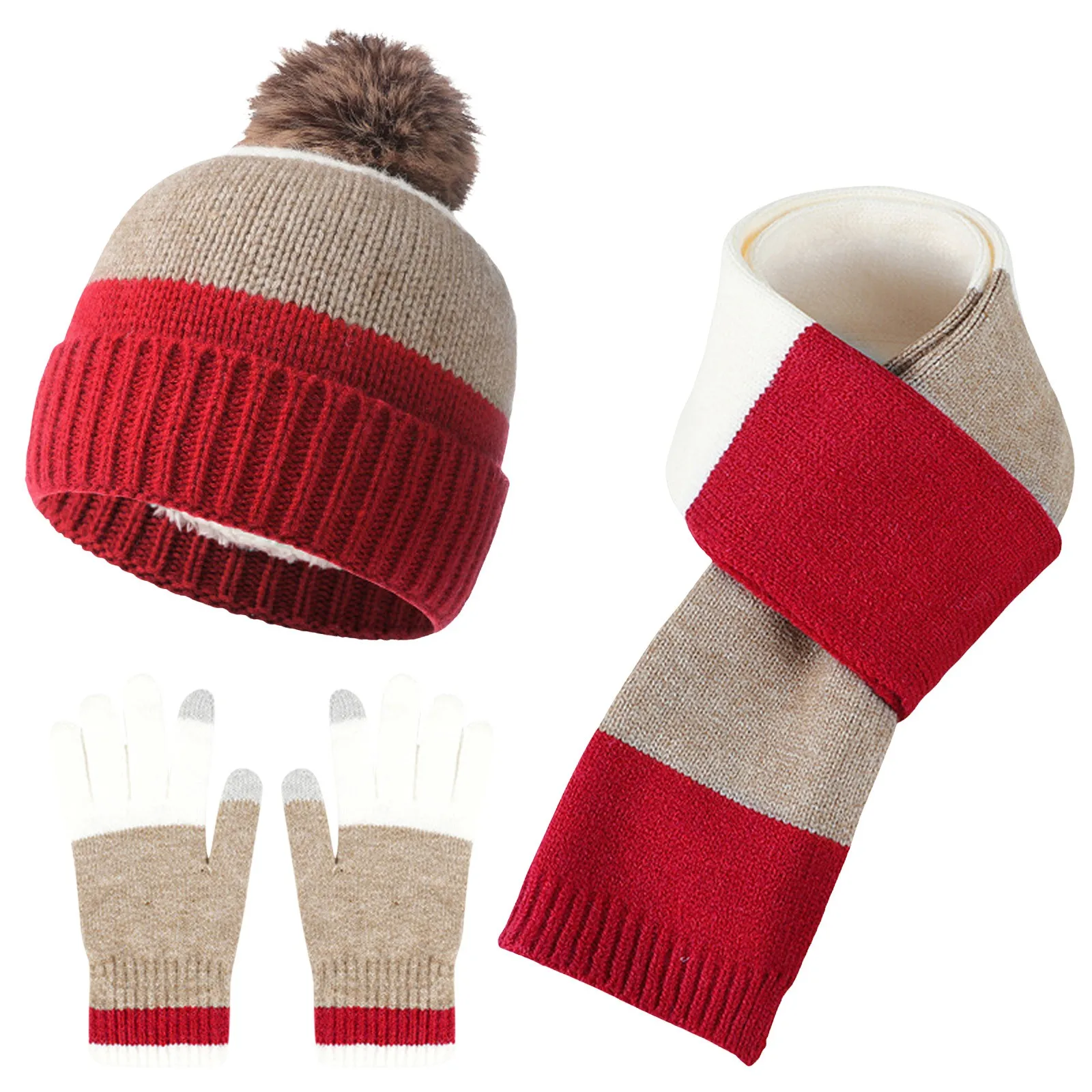 Conjunto de gorro de invierno para niños, guantes, bufanda, decoración de bola de felpa, estampado a rayas, forro polar grueso, gorro de punto, bufanda completa, 3 piezas por juego