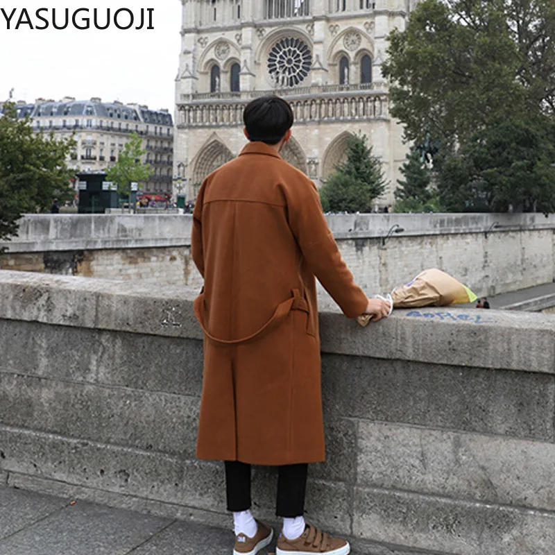 YASUGUOJI Cardigans Blends Coat with Belt Overcoat Male Winter Coat New Black Turn-down Collar Long Coat Men\'s Clothing