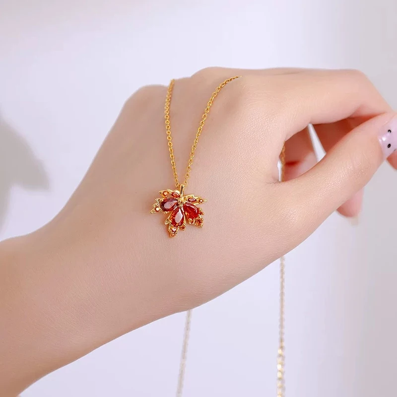 New Fashion Love Memory Red Maple Leaf Pendant Necklace For Women Cute Romantic Female Neck Chain Ladies Stainless Steel Jewelry view 3