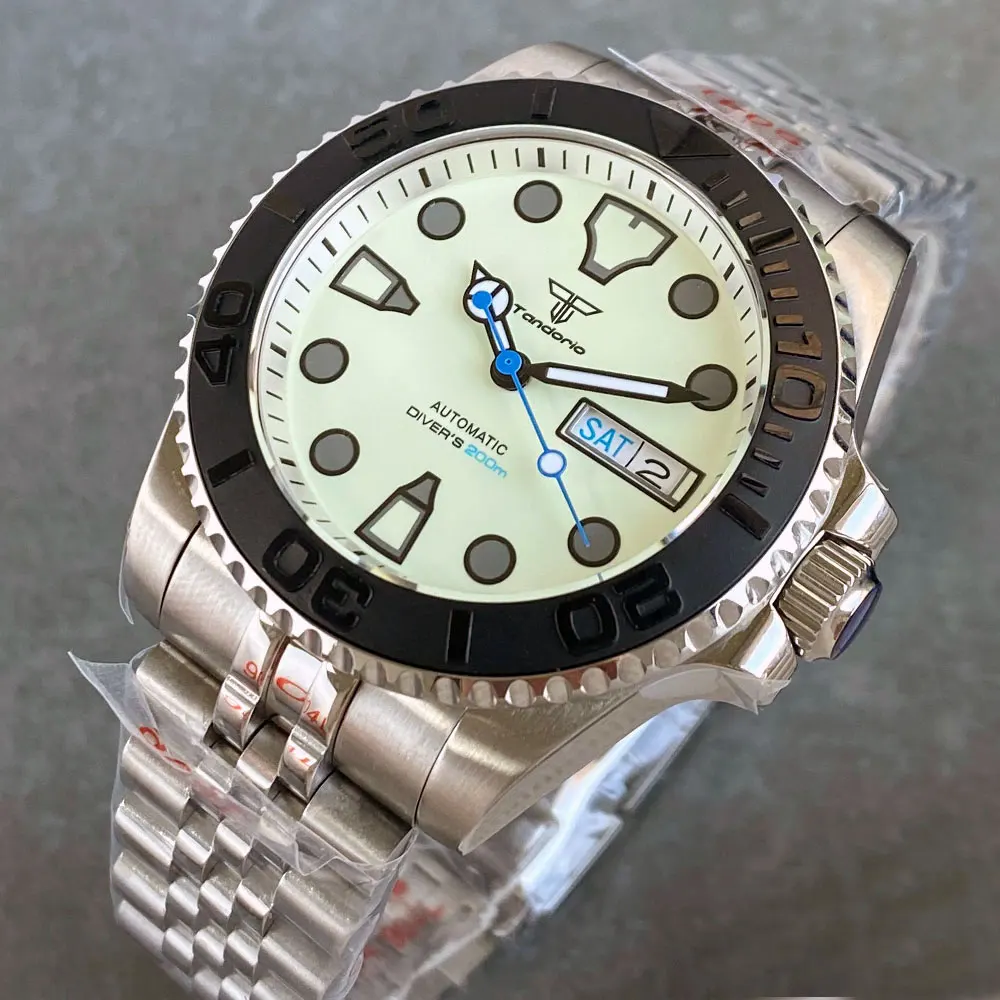 Tandorio NH36AA Automatic Watch for Men Day Date Diver Mechanical Sapphire 20BAR Waterproof 316L Glide Lock Bracelet 40mm