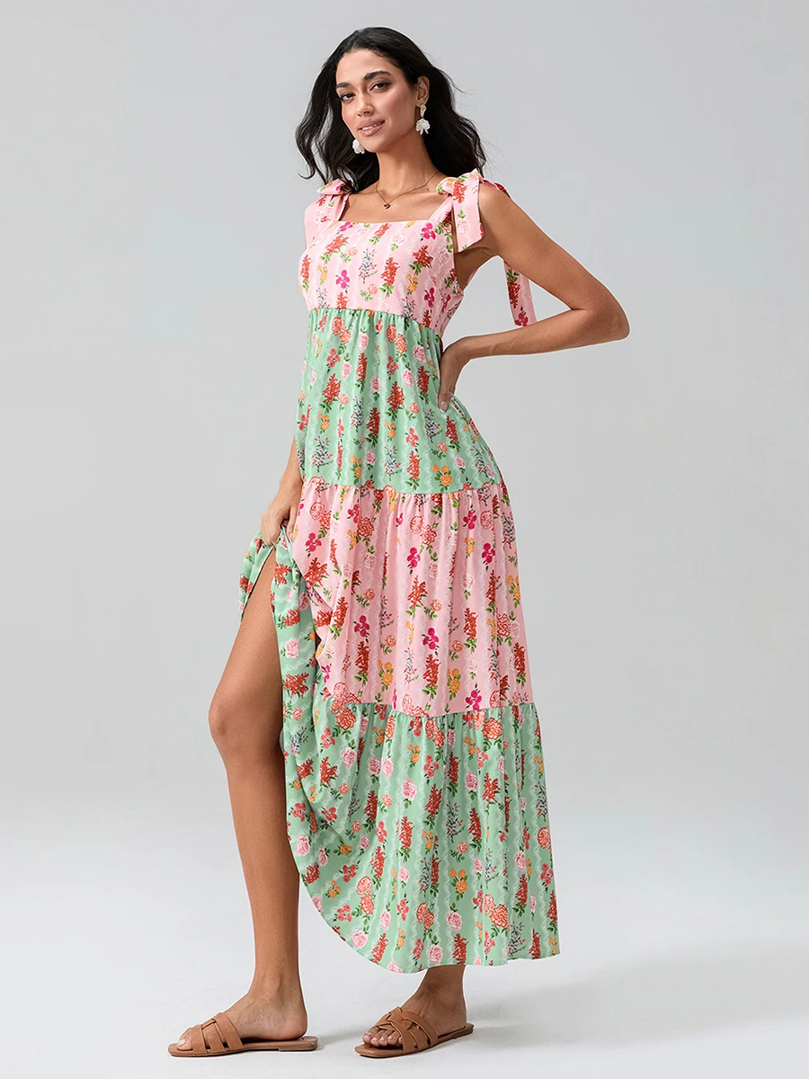 Women Long Dress Floral Print Tie-Up Shoulder Strap Sleeveless Dress Summer Casual Cami Dress A-line Dress