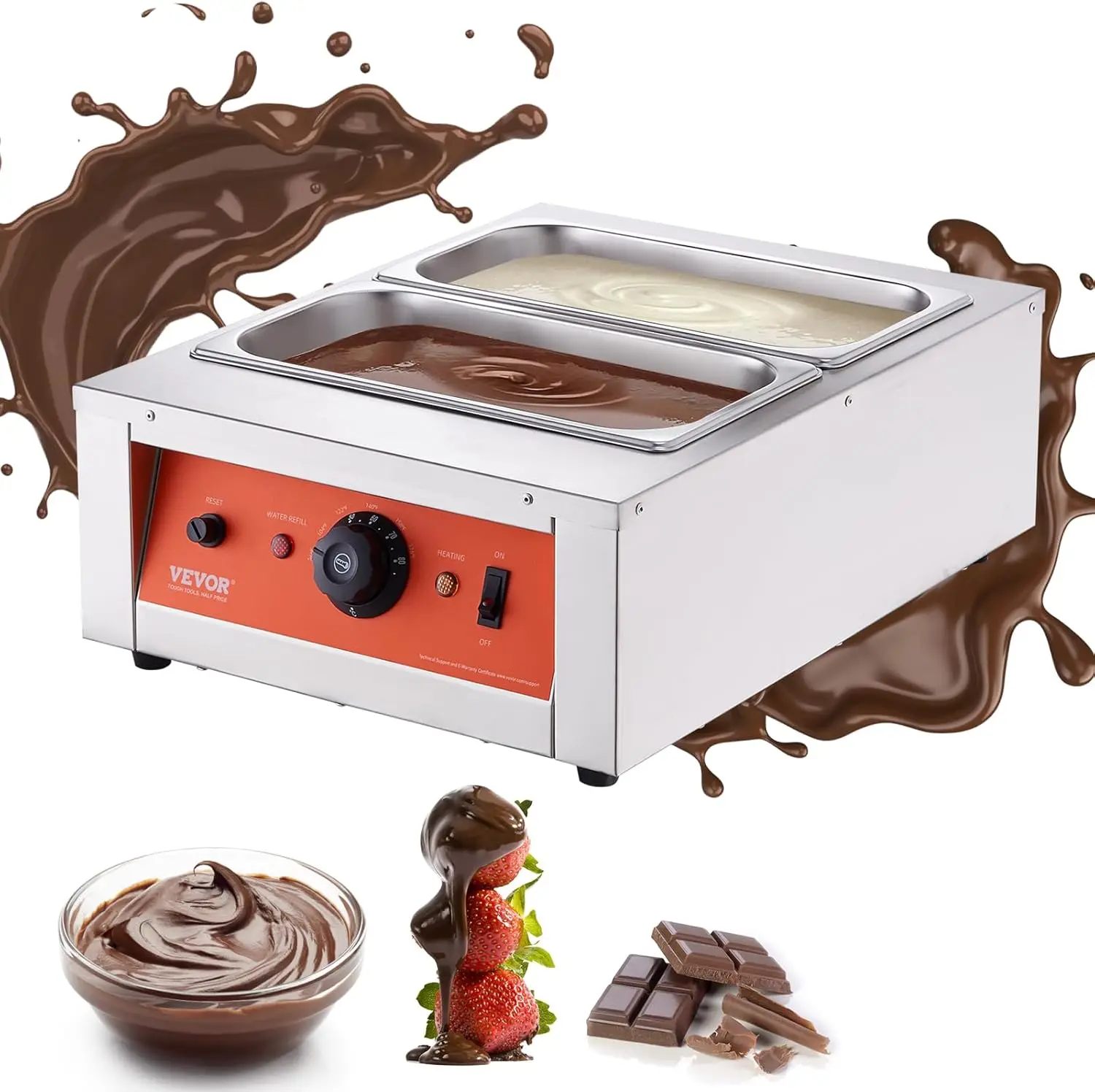 Máquina, 17,6 libras, 2 tanques, pote de derretimento de chocolate, controle TEMP 86 ~ 185 ℉ , Aquecedor comercial elétrico de alimentos de aço inoxidável 1500W para