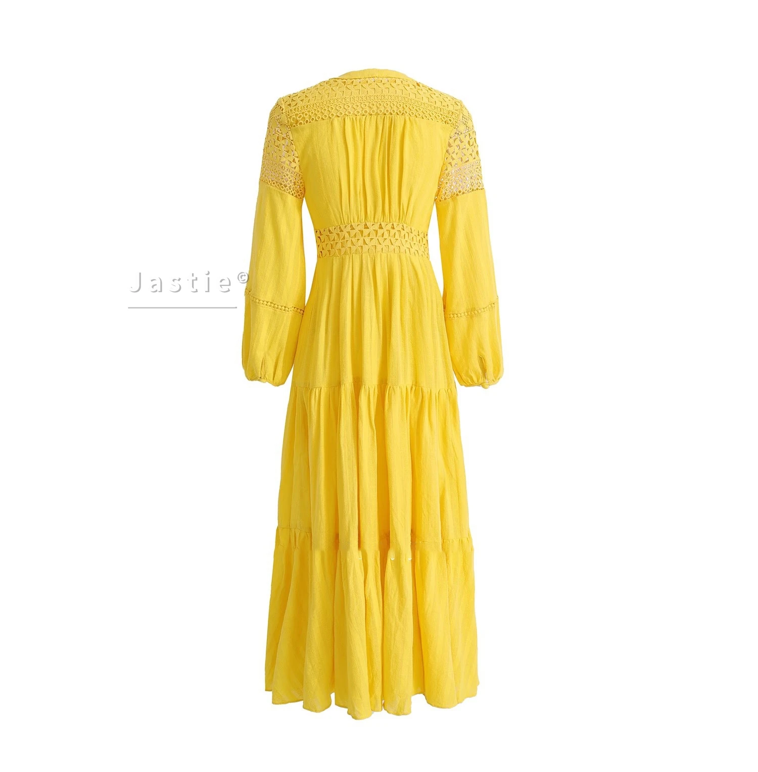 Jastie Embroidered Women Maxi Dress V-Neck Long Sleeve Casual Spring Summer Dresses Hollow Waist Boho Beach Vestidos