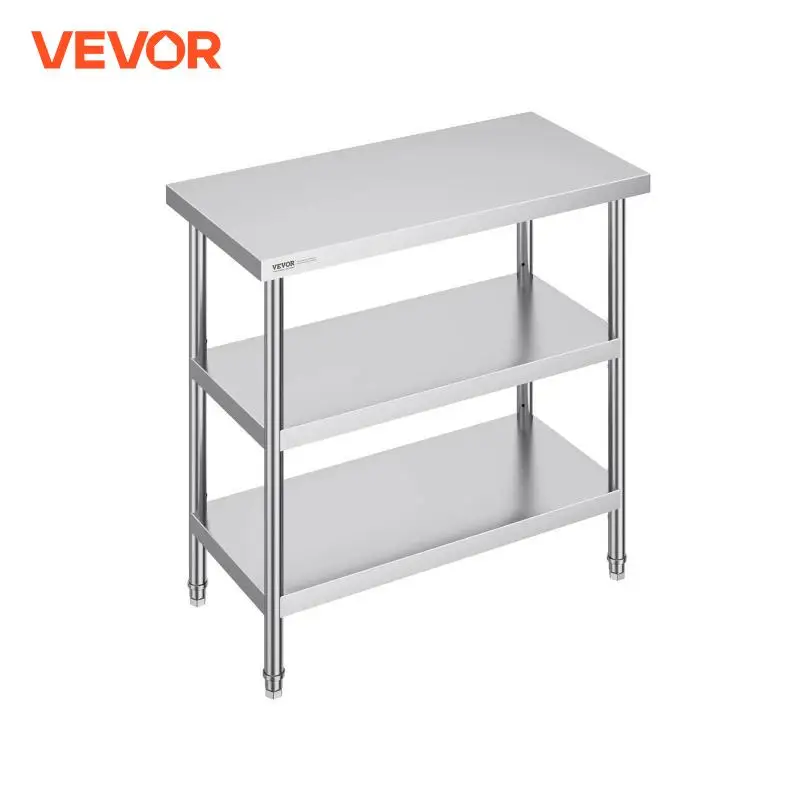 VEVOR Mesa de Preparación de Alimentos 457x914x864 mm Mesa de Trabajo de Cocina Comercial de Acero Inoxidable con 2 Estantes Inferiores Ajustables Mesa de Preparación para Parrilla, Cocina, Hogar