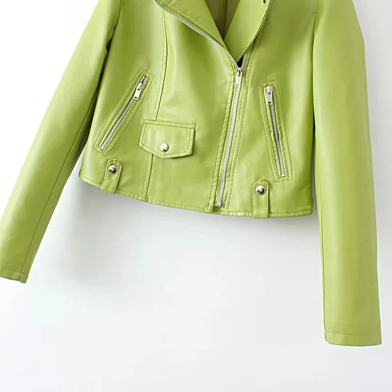 KEANKETIAN 2024 nueva chaqueta de piel sintética verde claro para mujer abrigo corto Otoño/Invierno cremallera asimétrica prendas de vestir exteriores de PU Top corto