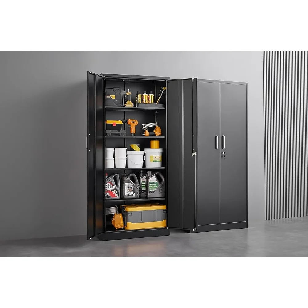 Metal Storage Cabinet Lockable Garage Kitchen Pantry Adjustable Shelves Heavy Duty Organization Tools Storage Clutter-Free