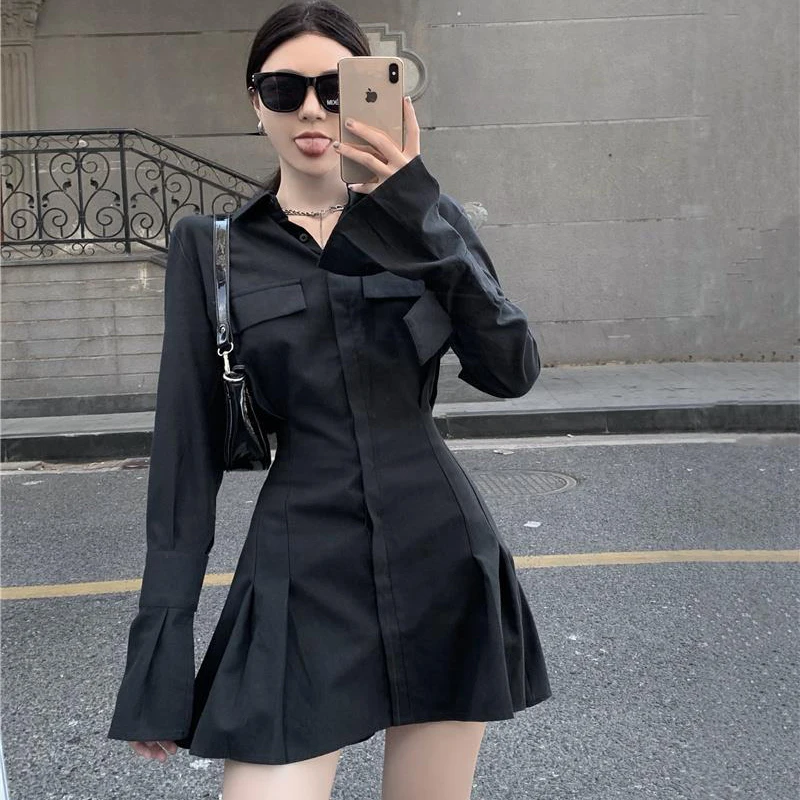 Black Shirt Dress Women Elegant SlimSingle-Breasted Turn-Down Collar Long Sleeve Dress Pocket Pleated High Street Harajuku Shirt