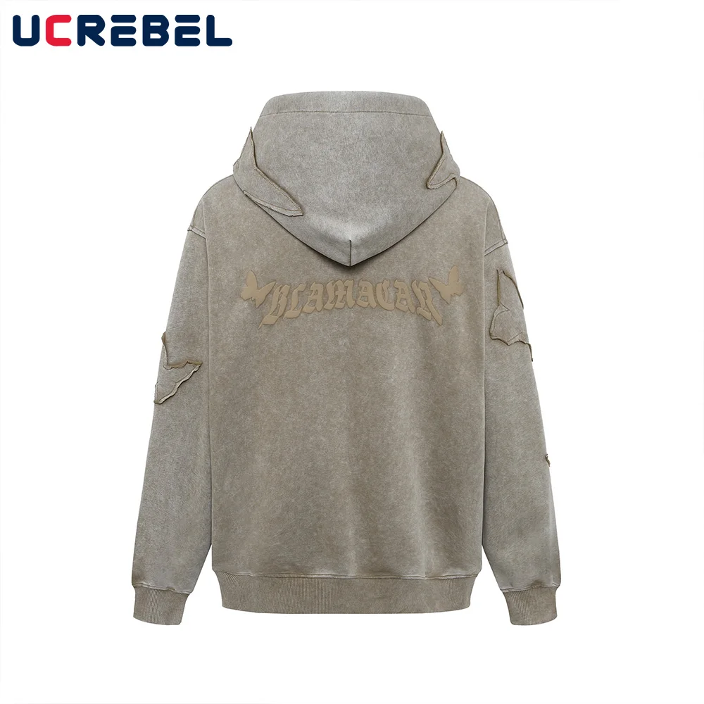 Butterfly Patch Hooded Sweatshirts Mens Letter Print Autumn Vintage High Street Drop Shoulder Long Sleeve Hoodies Men