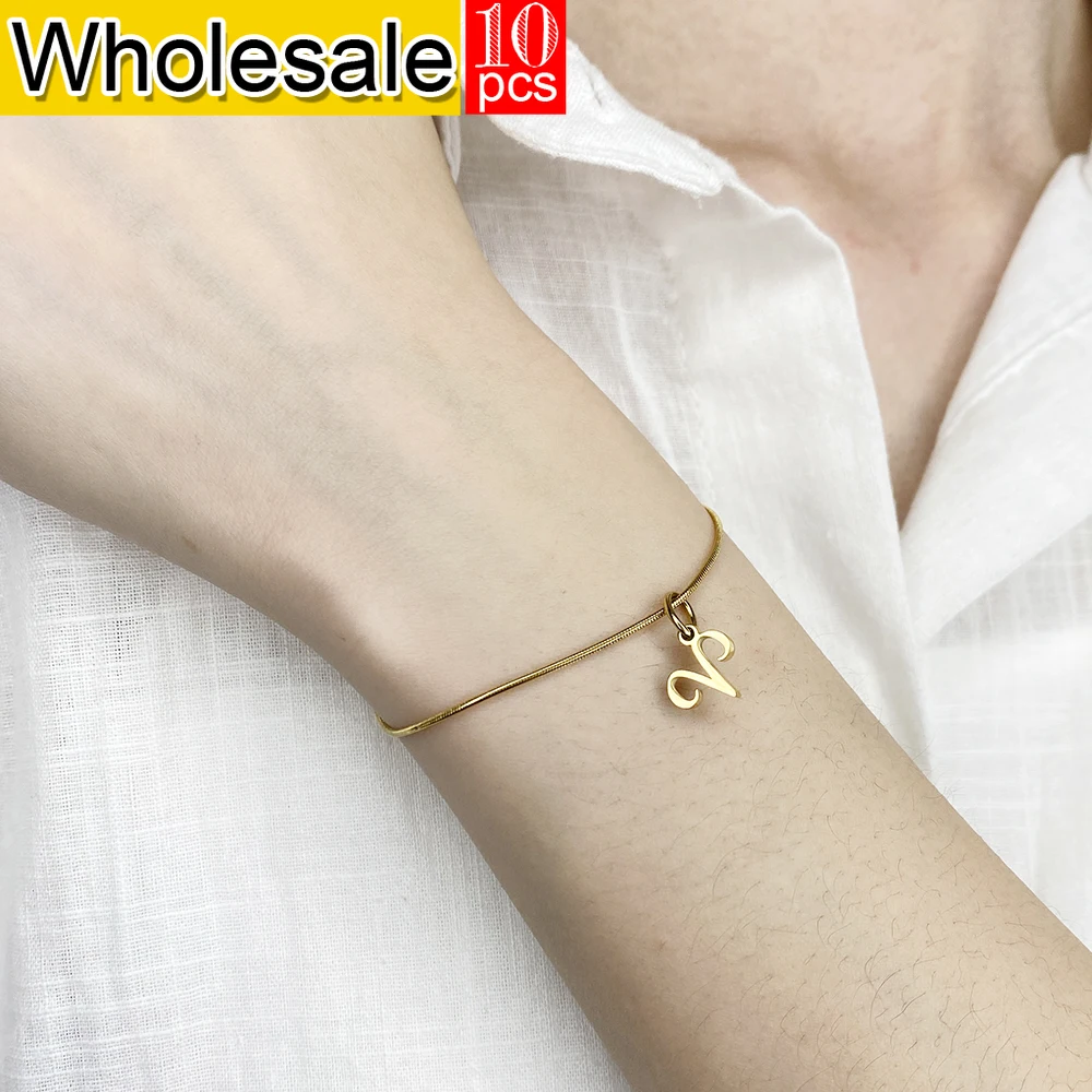 

10PCS Stainless Steel Golden Round Snake Chain Minimalist Style Bracelet 12 Constellation Pendant Women's Jewelry Wholesale