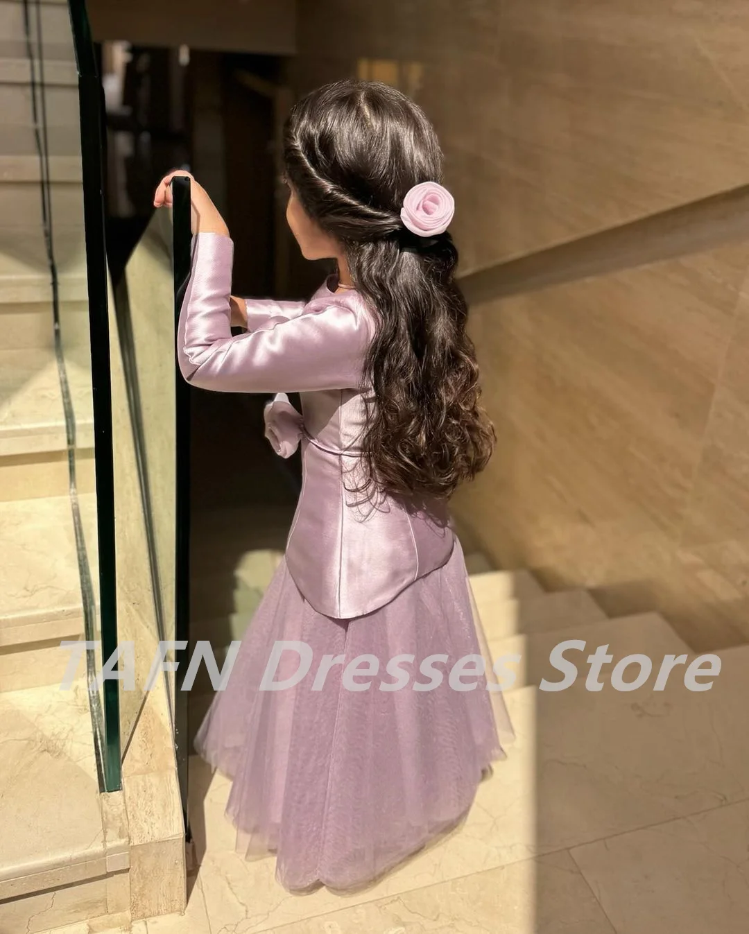 TAFN A-line Girl Evening Dresses O-Neck Full Sleeves Pink Draped vestidos para niñas Pleat Rose Children Party Gown Customized